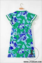 Green Floral V Neck Shift Dress with Pockets and White Trim