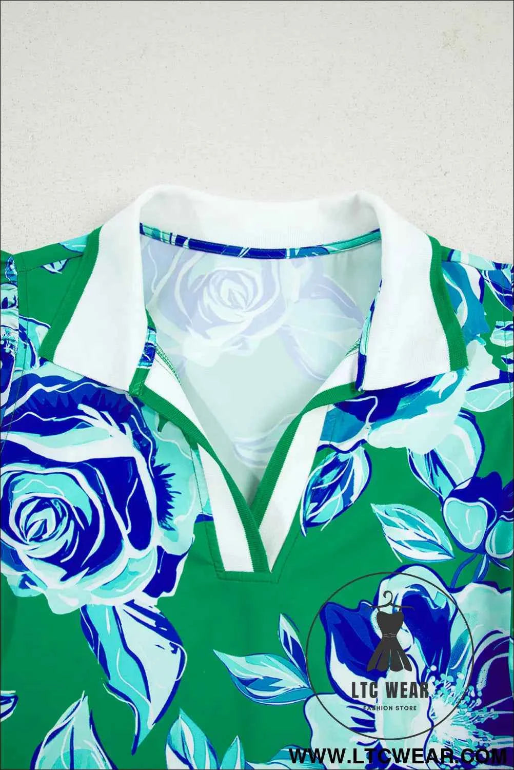 Green Floral V Neck Shift Dress with Pockets and White Trim