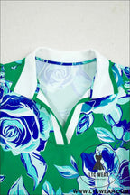 Green Floral V Neck Shift Dress with Pockets and White Trim