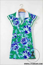 Green Floral V Neck Shift Dress with Pockets and White Trim