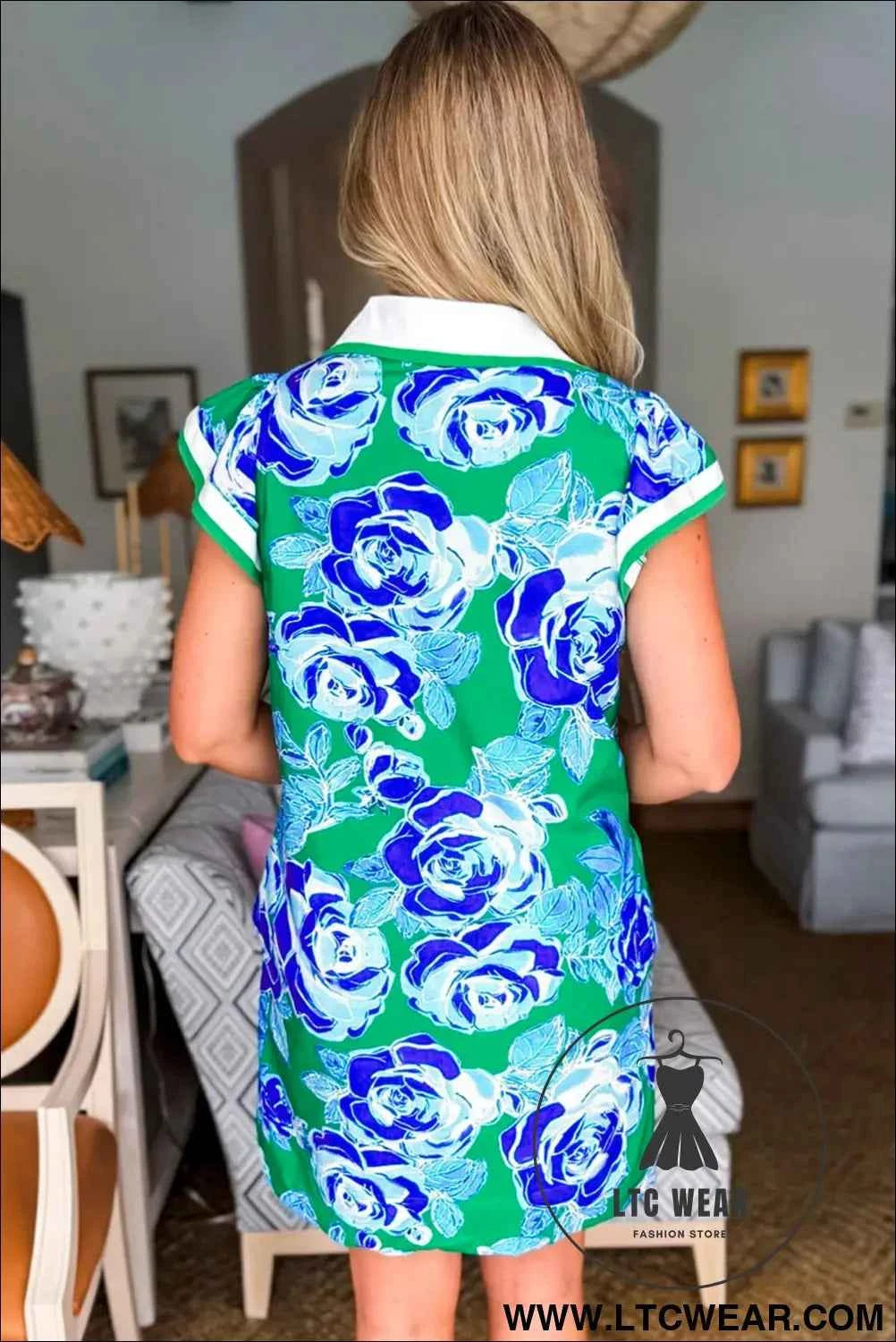 Green Floral V Neck Shift Dress with Pockets and White Trim