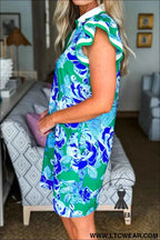 Green Floral V Neck Shift Dress with Pockets and White Trim