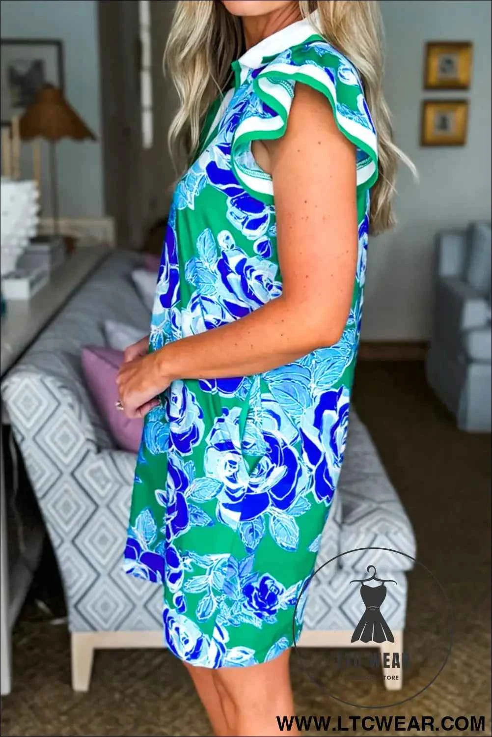 Green Floral V Neck Shift Dress with Pockets and White Trim