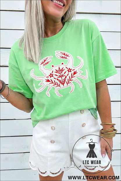 Bright green crab embroidered patch loose round neck tee - tops & tees