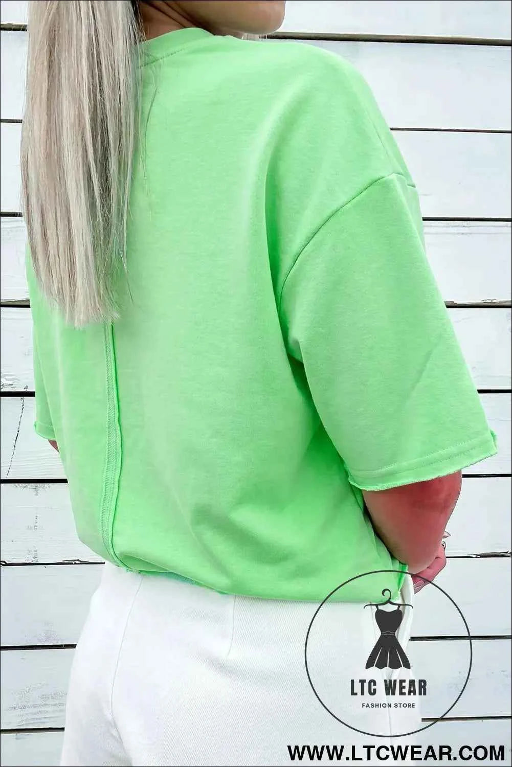 Bright Green Crab Embroidered Patch Loose Round Neck Tee