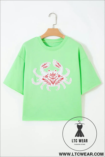 Bright green crab embroidered patch loose round neck tee - tops & tees