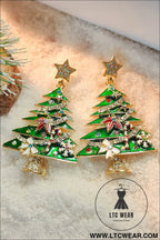 Bright green rhinestone christmas tree drop earrings - bright green / one size / 100% alloy - jewelry