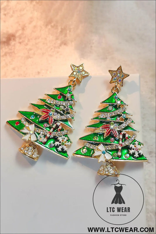 Bright green rhinestone christmas tree drop earrings - bright green / one size / 100% alloy - jewelry