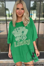 Lucky Rhinestone Oversized T Shirt Dress with Poker Cards Graphic