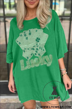 Lucky Rhinestone Oversized T Shirt Dress with Poker Cards Graphic