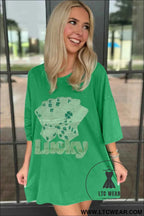 Lucky Rhinestone Oversized T Shirt Dress with Poker Cards Graphic