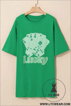 Lucky Rhinestone Oversized T Shirt Dress with Poker Cards Graphic