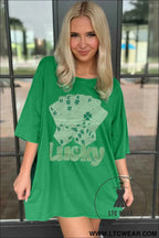 Lucky Rhinestone Oversized T Shirt Dress with Poker Cards Graphic