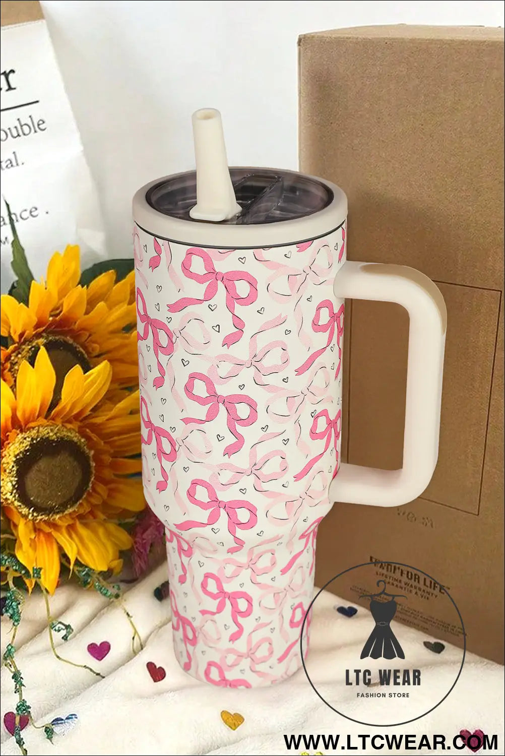 Bright pink bow heart print tumbler cup - bright pink / one size / 100% alloy - tumblers
