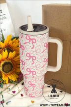 Bright pink bow heart print tumbler cup - bright pink / one size / 100% alloy - tumblers