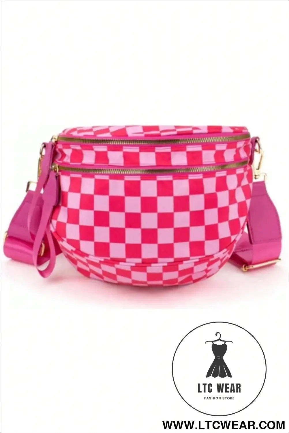 Bright pink checkered print wide strap large crossbody bag - bright pink / one size / shell:100% polyester