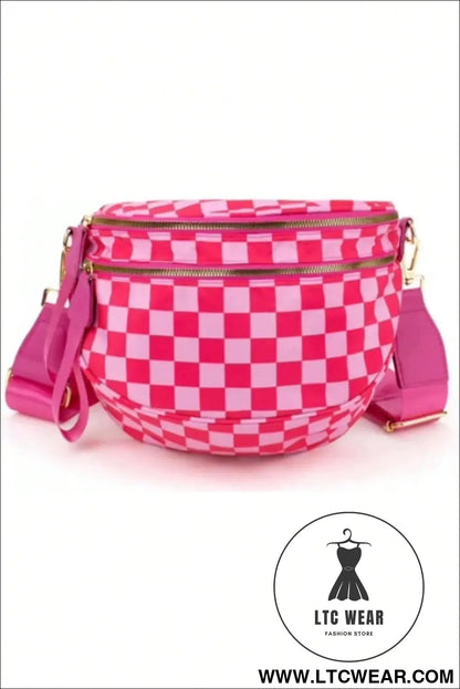 Bright pink checkered print wide strap large crossbody bag - bright pink / one size / shell:100% polyester
