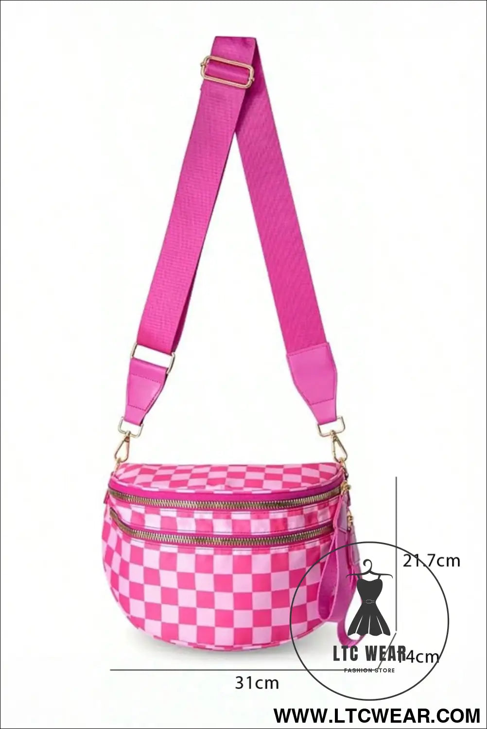 Bright pink checkered print wide strap large crossbody bag - bright pink / one size / shell:100% polyester