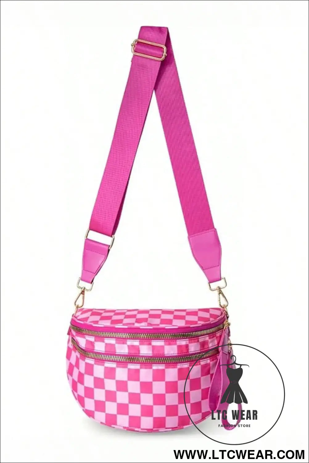 Bright pink checkered print wide strap large crossbody bag - bright pink / one size / shell:100% polyester