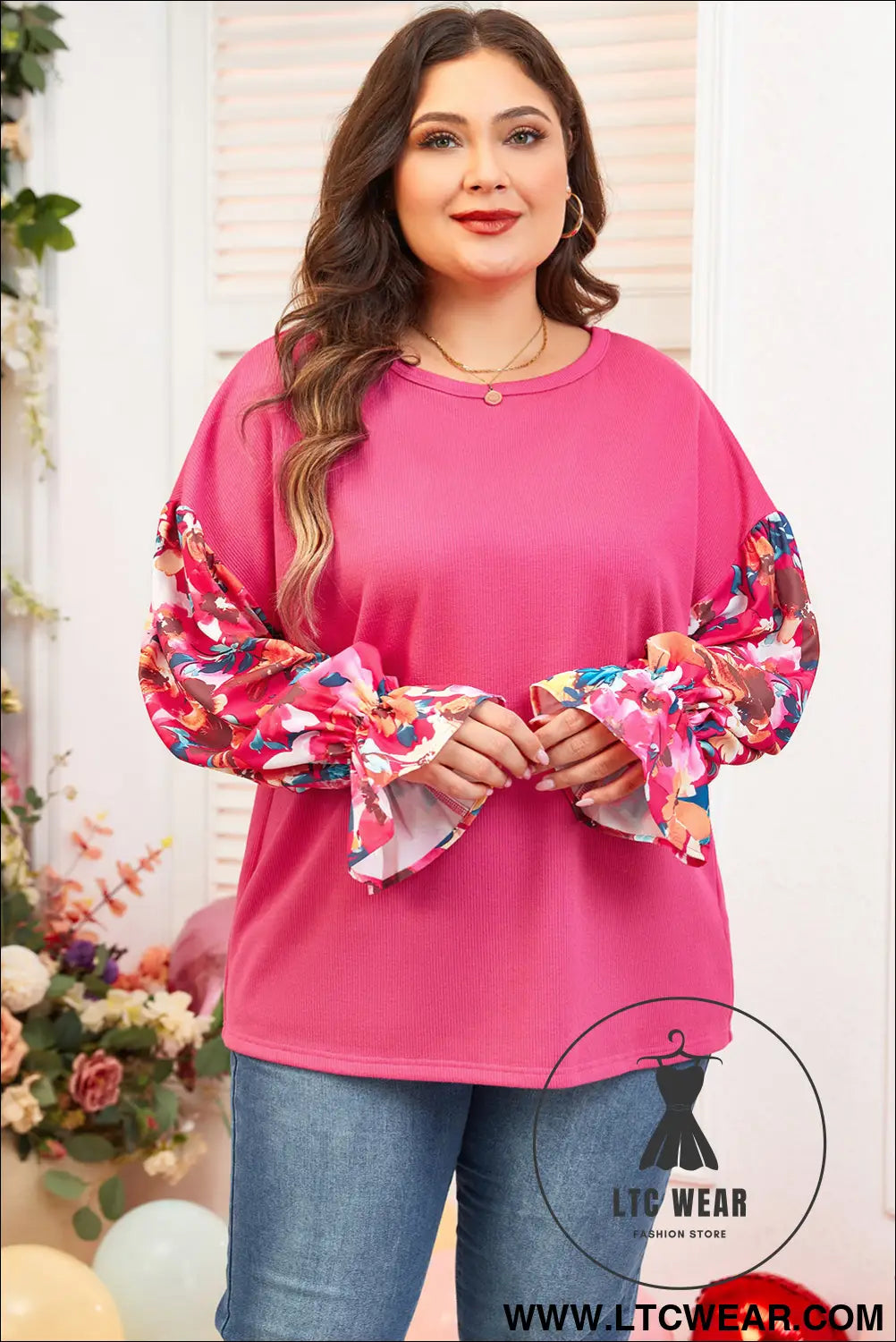 Bright Pink Floral Patchwork Flounce Sleeve Plus Knit Top - L.T.C Wear Online Fashion Store