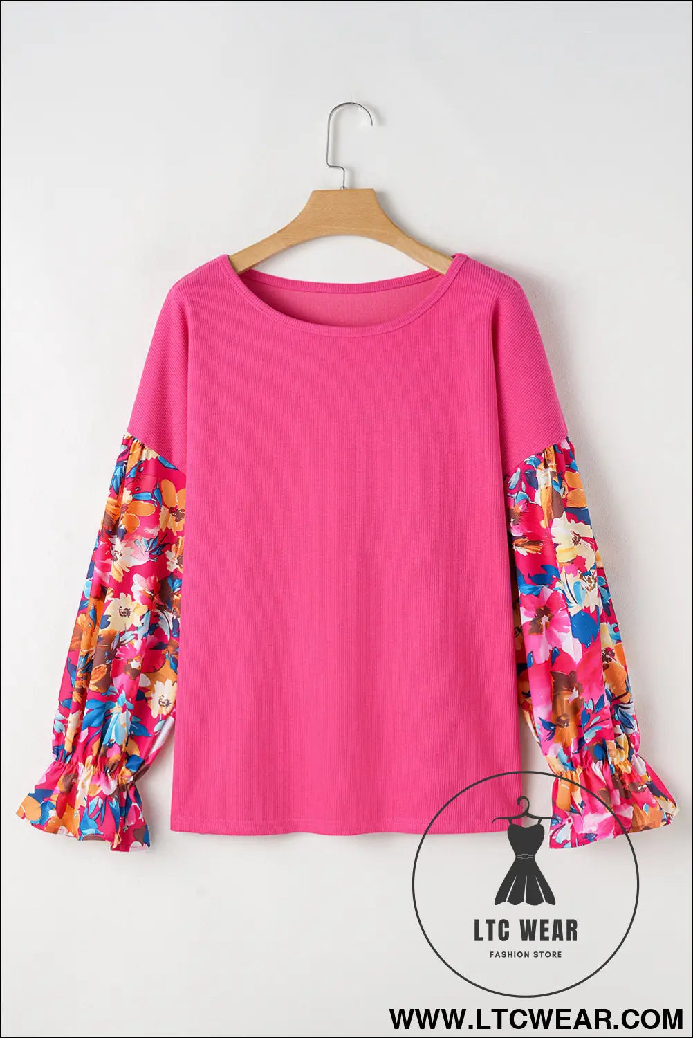 Bright Pink Floral Patchwork Flounce Sleeve Plus Knit Top - L.T.C Wear Online Fashion Store