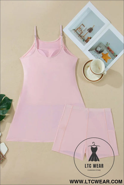 Bright Pink Solid Color Tunic Tank Dress Athletic Shorts Two Piece Set - L.T.C Wear Online Fashion Store