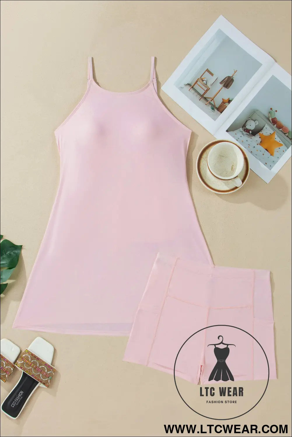 Bright Pink Solid Color Tunic Tank Dress Athletic Shorts Two Piece Set - L.T.C Wear Online Fashion Store