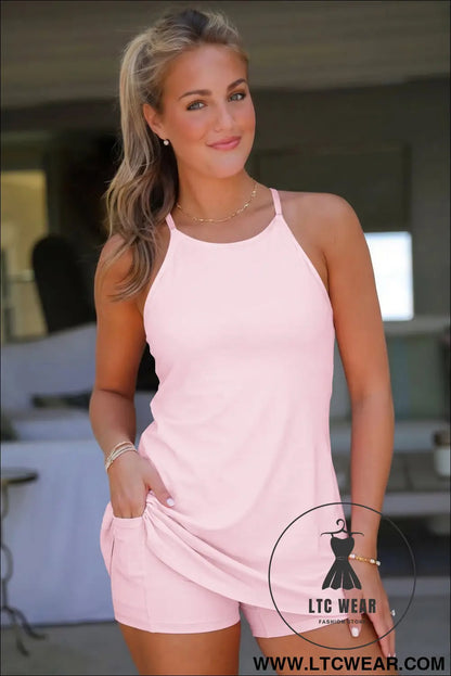 Bright Pink Solid Color Tunic Tank Dress Athletic Shorts Two Piece Set - L.T.C Wear Online Fashion Store