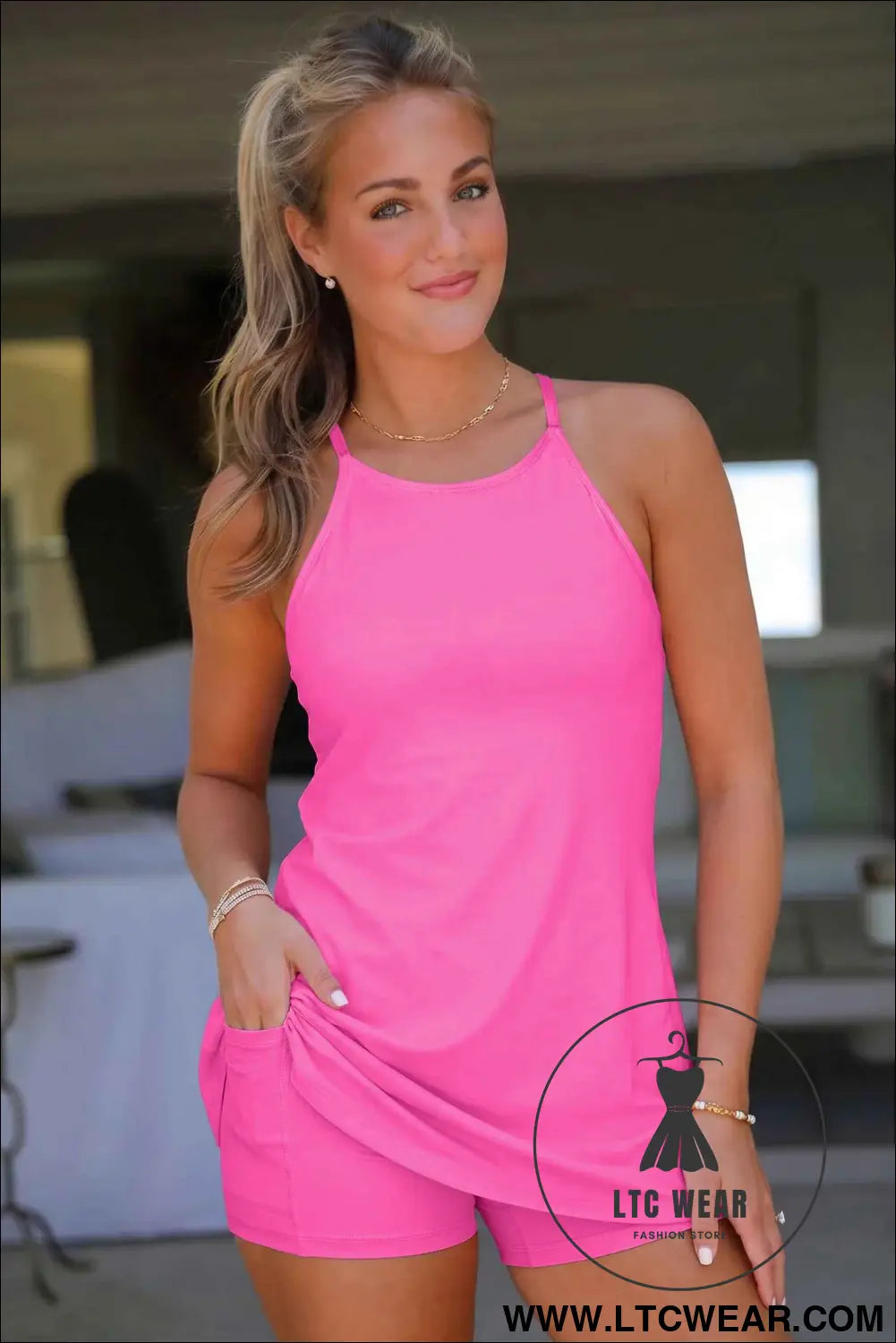 Bright Pink Solid Color Tunic Tank Dress Athletic Shorts Two Piece Set