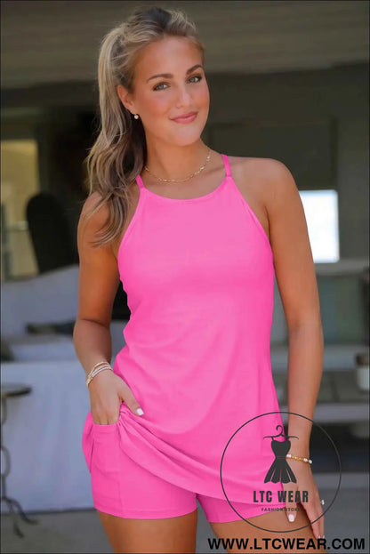 Bright Pink Solid Color Tunic Tank Dress Athletic Shorts Two Piece Set