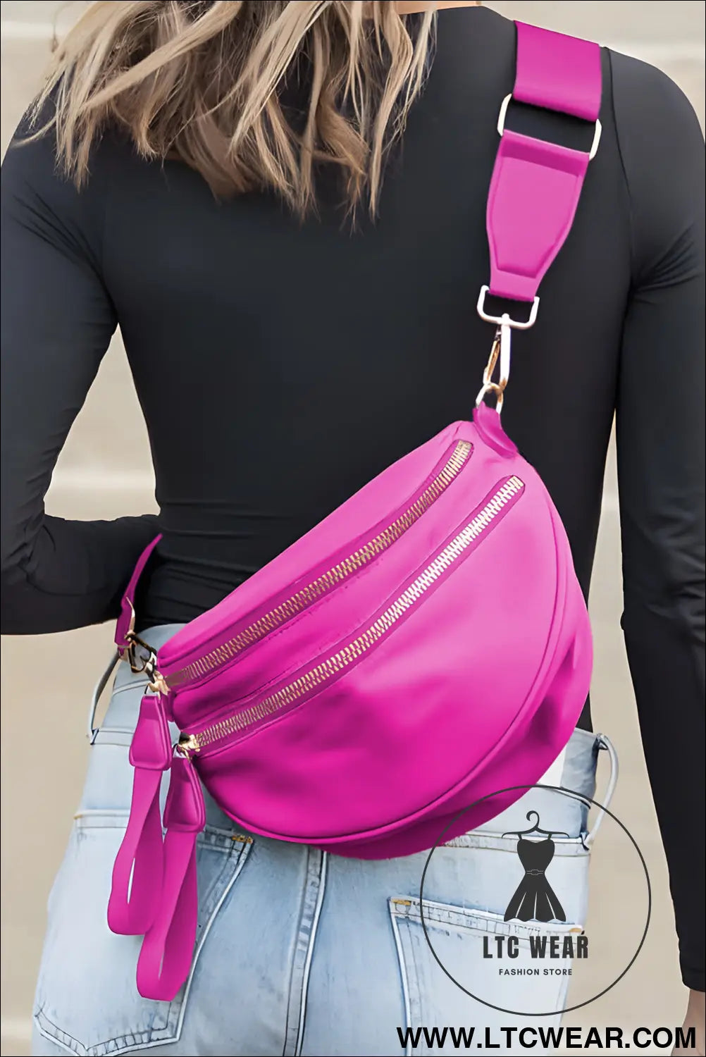 Bright pink strap double zipper crossbody bag - bright pink / one size / 100% polyester + lining:100% polyester