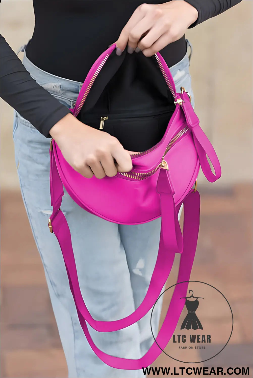 Bright pink strap double zipper crossbody bag - bright pink / one size / 100% polyester + lining:100% polyester