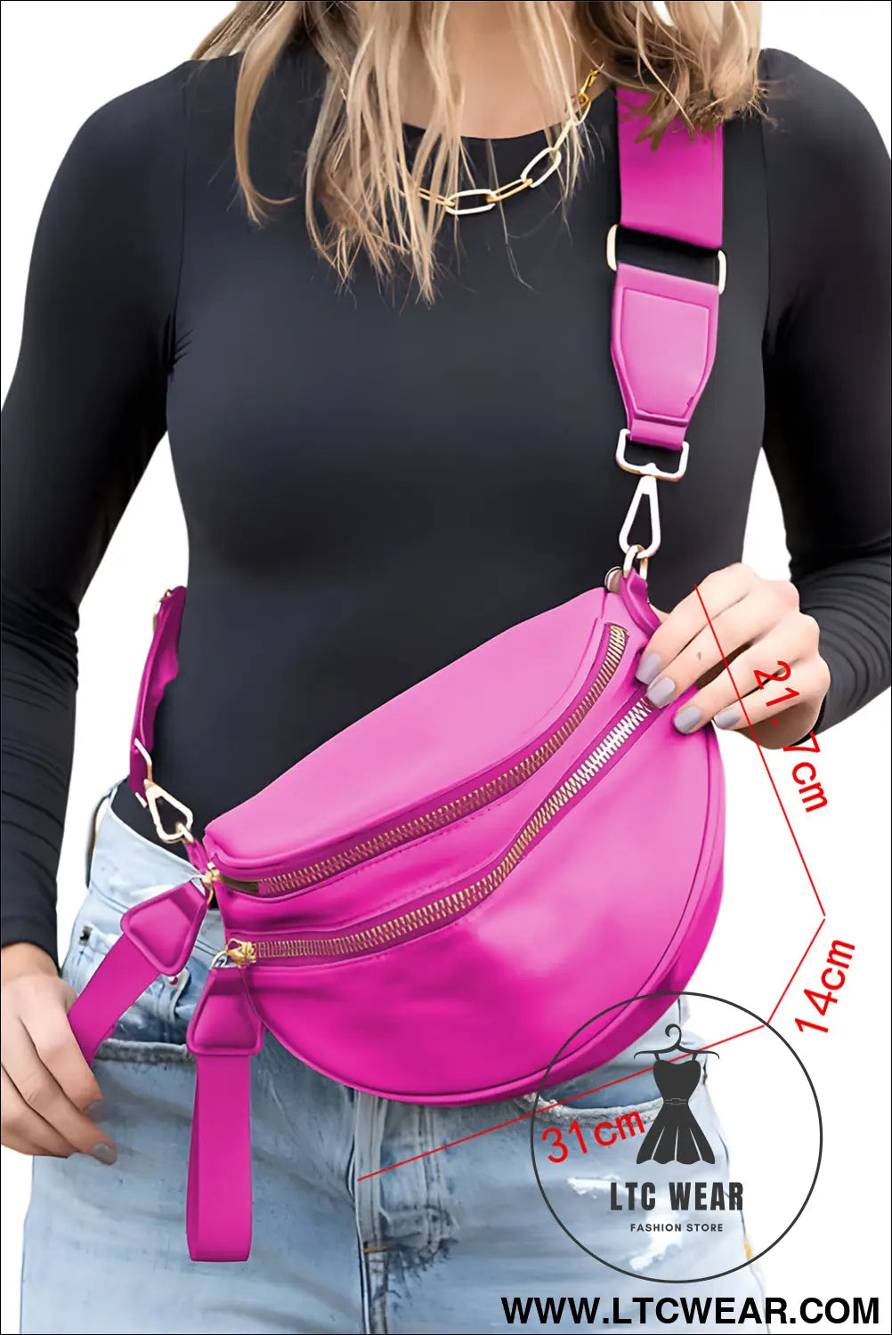Bright pink strap double zipper crossbody bag - bright pink / one size / 100% polyester + lining:100% polyester