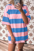 Bright pink striped color block oversize tunic tee - bright pink / l / 95% cotton + 5% elastane - tops & tees