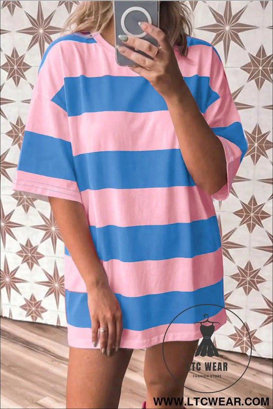 Bright pink striped color block oversize tunic tee - bright pink / l / 95% cotton + 5% elastane - tops & tees