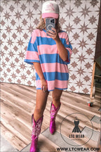 Bright pink striped color block oversize tunic tee - tops & tees
