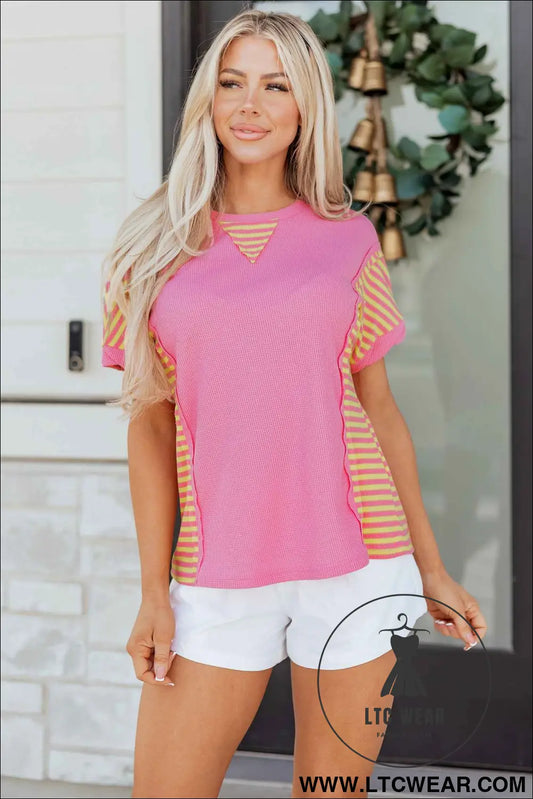 Bright Pink Waffle Textured Contrast Striped Patchwork Loose T Shirt
