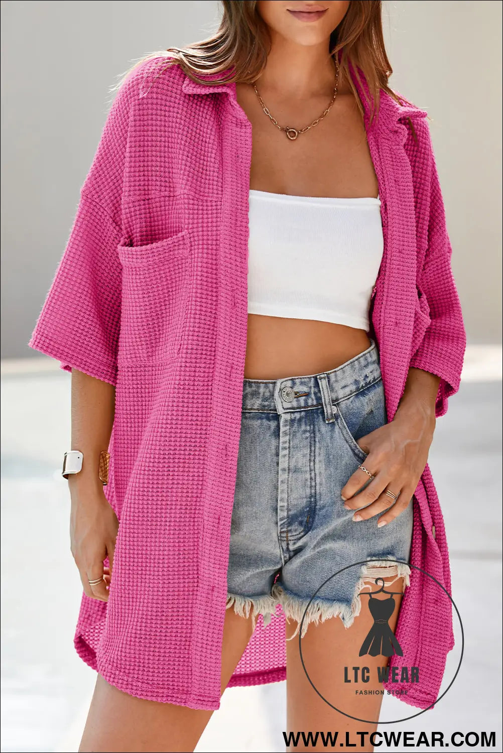 Bright pink waffle textured knit button down short sleeve shacket - jackets