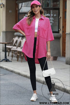 Bright pink waffle textured knit button down short sleeve shacket - jackets