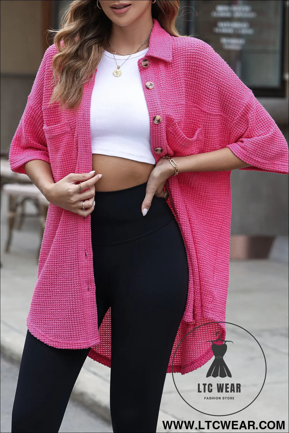 Bright pink waffle textured knit button down short sleeve shacket - bright pink / 2xl / 67% polyester + 30% viscose