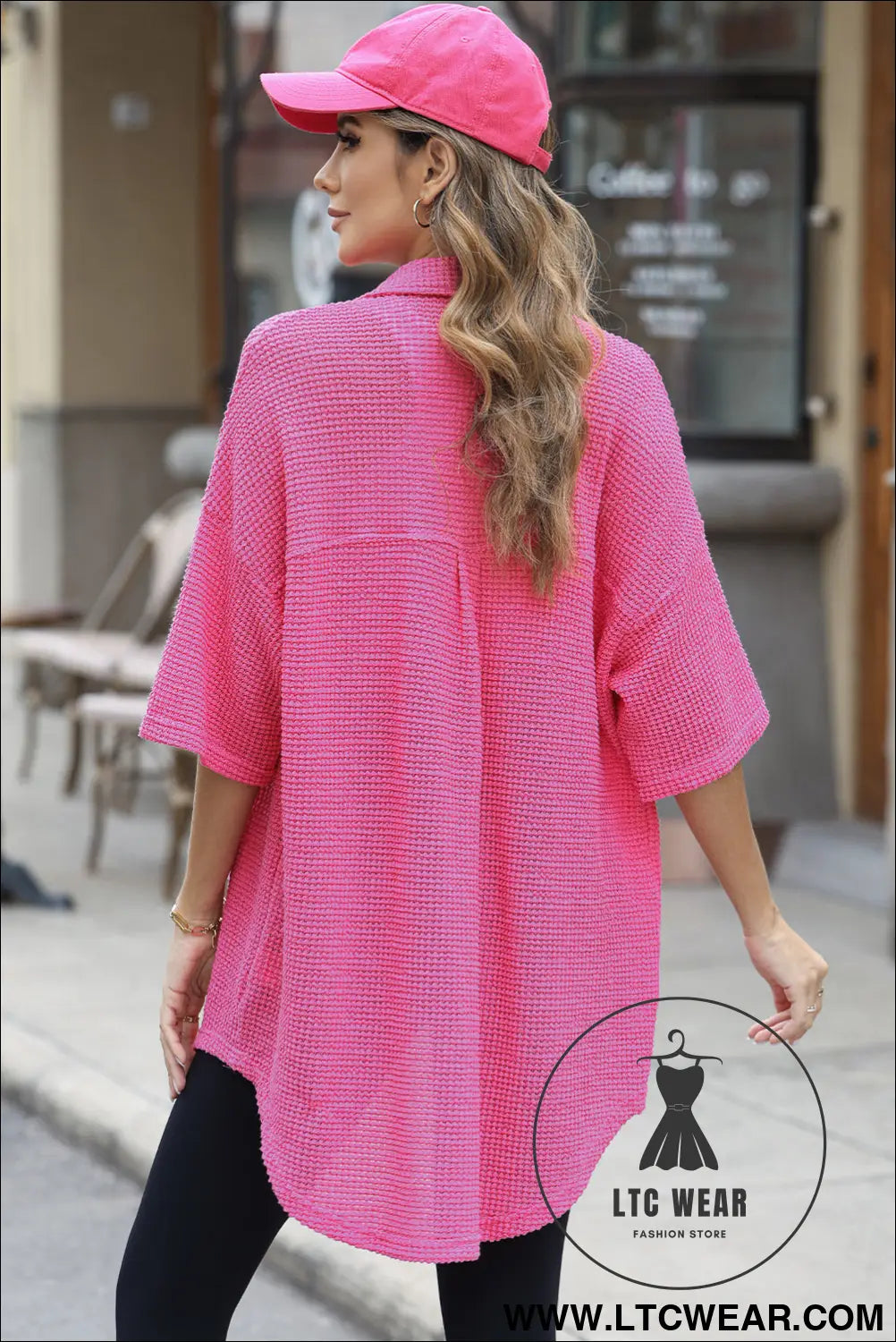 Bright pink waffle textured knit button down short sleeve shacket - jackets