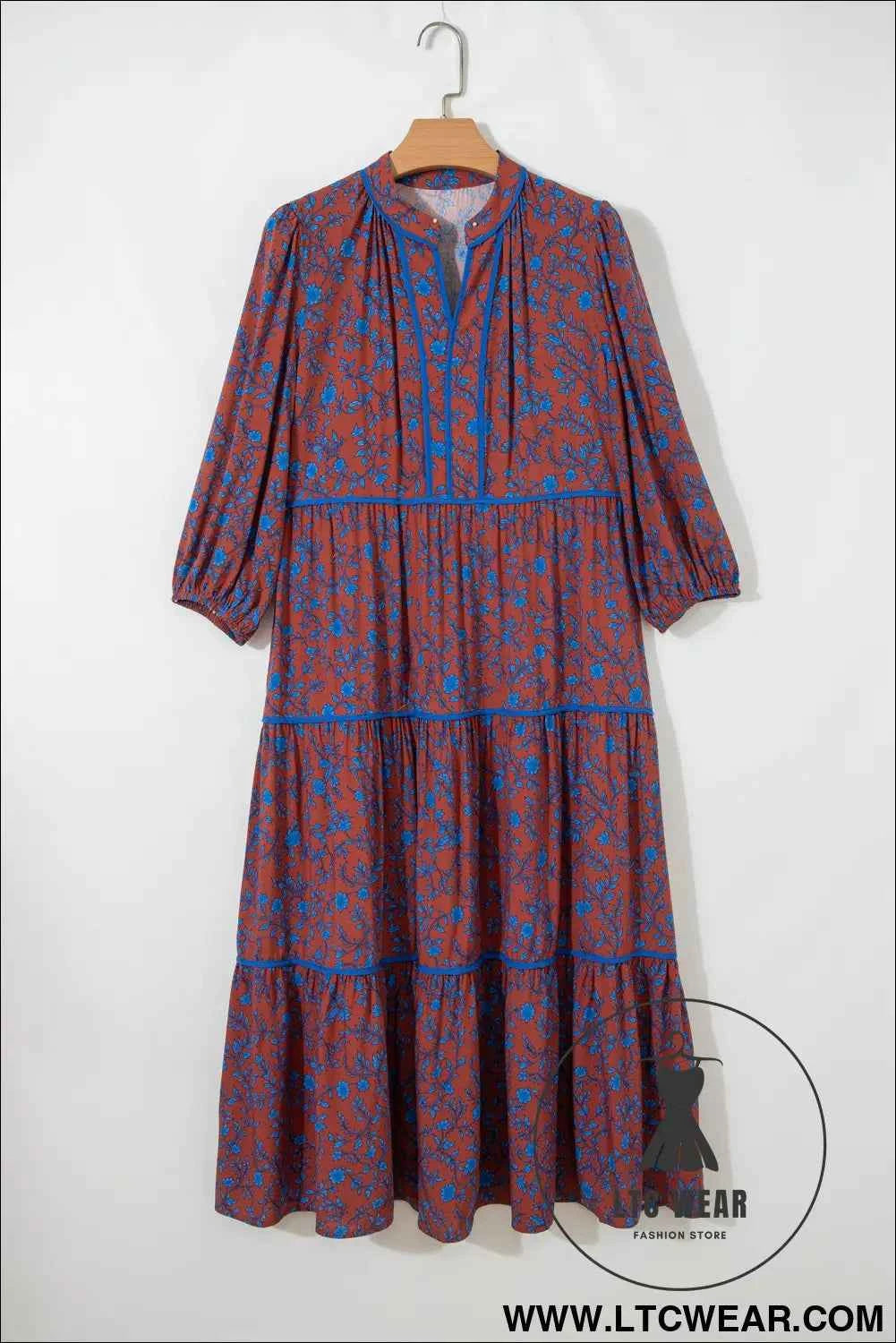 Brown 3/4 Puff Sleeve Tiered Loose Floral Dress