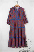 Brown 3/4 Puff Sleeve Tiered Loose Floral Dress