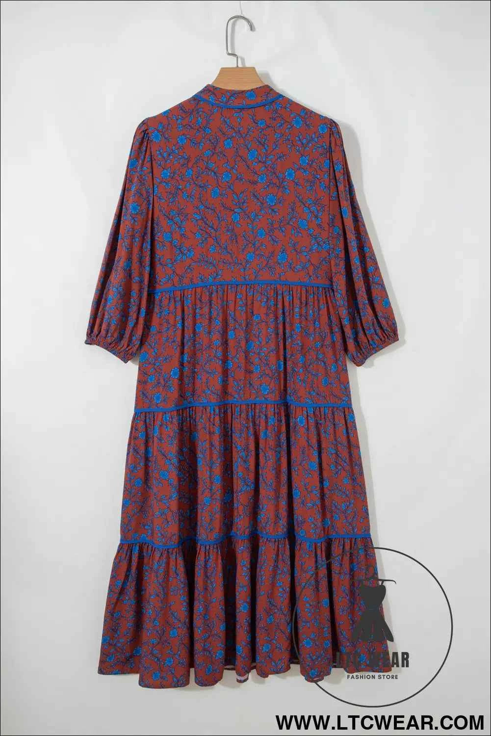 Brown 3/4 Puff Sleeve Tiered Loose Floral Dress