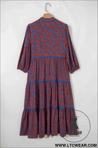 Brown 3/4 Puff Sleeve Tiered Loose Floral Dress