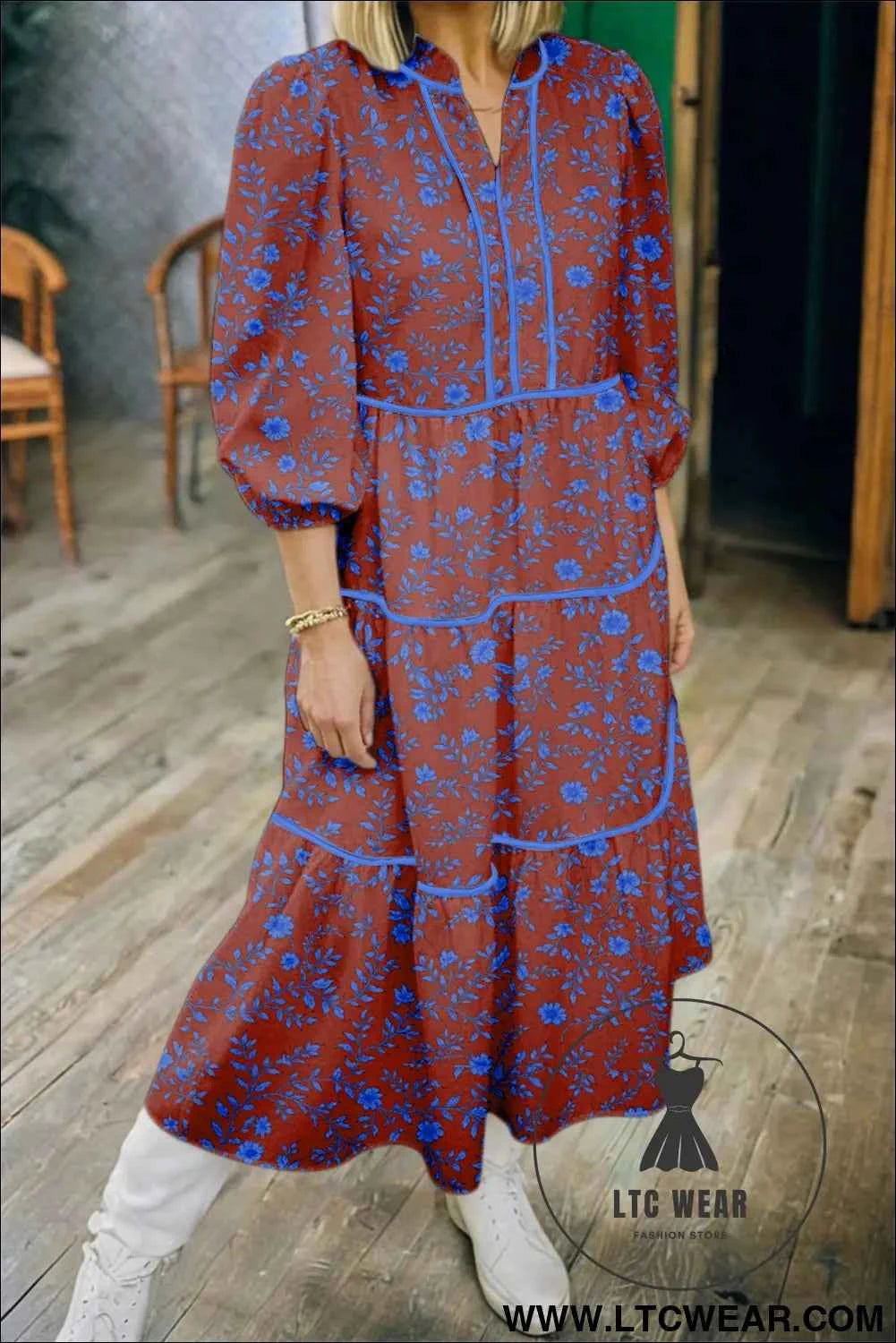 Brown 3/4 Puff Sleeve Tiered Loose Floral Dress