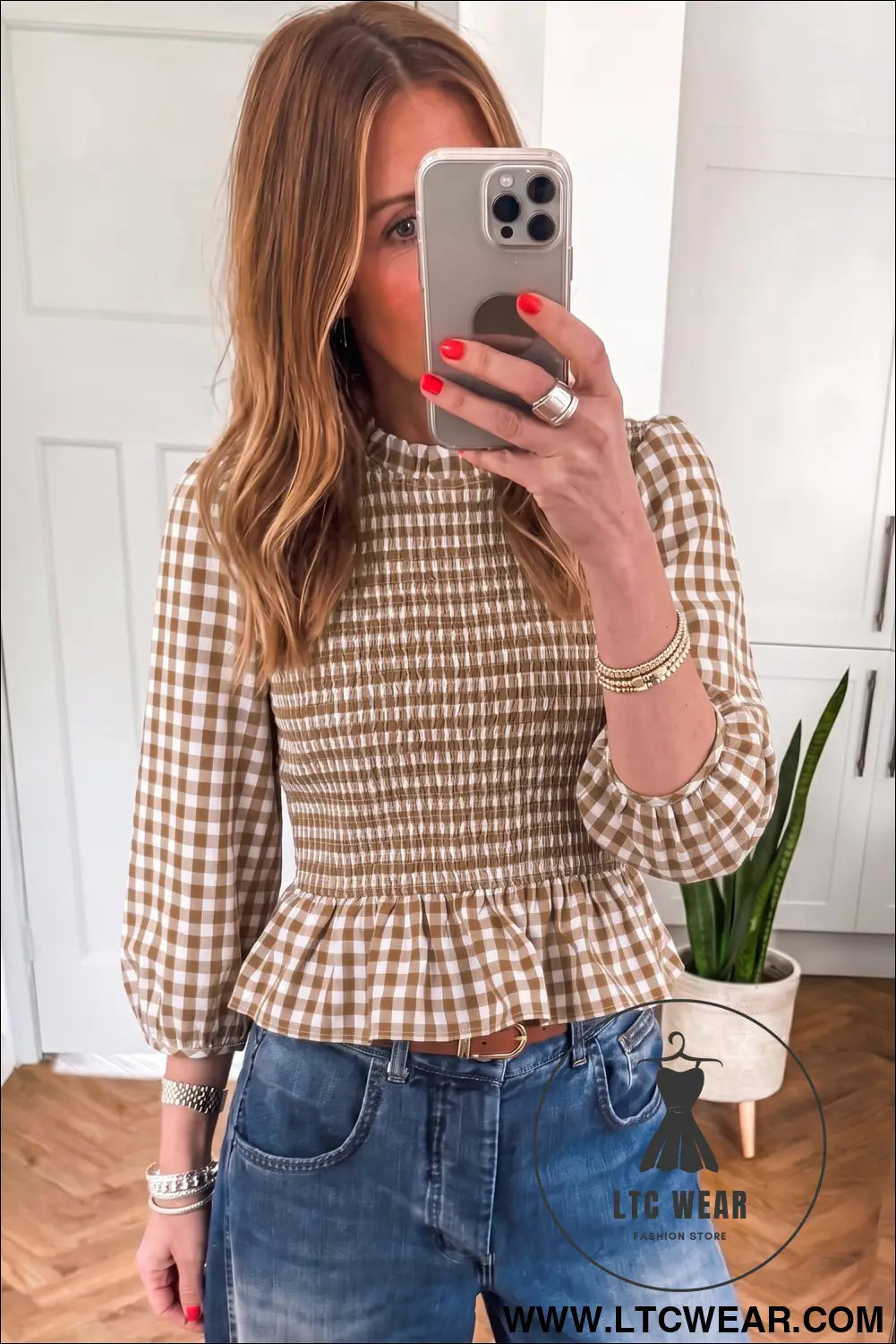 Brown 3/4 Sleeve Shirred Plaid Peplum Top