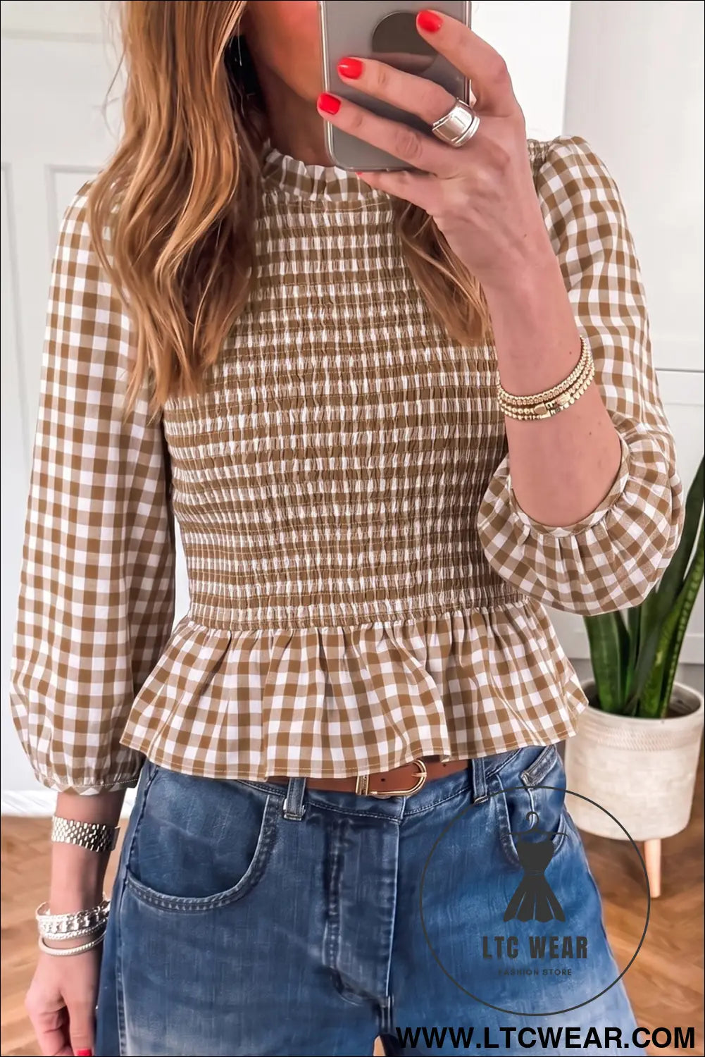 Brown 3/4 Sleeve Shirred Plaid Peplum Top