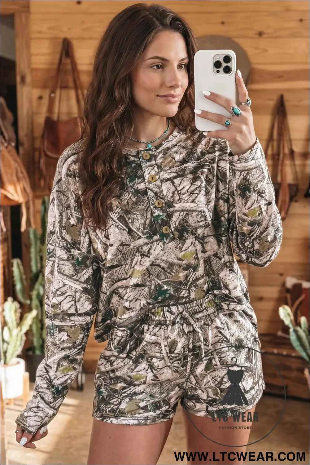 Brown Camo Long Sleeve Top Elastic Waist Shorts Two Piece Set