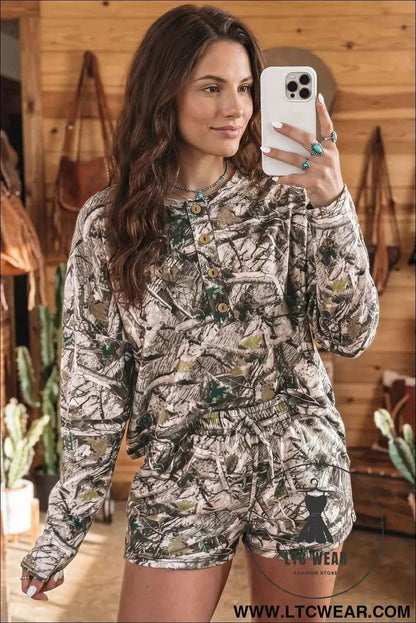 Brown Camo Long Sleeve Top Elastic Waist Shorts Two Piece Set